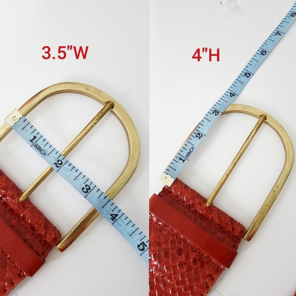 90's-Y2K❤Big Golden Buckle Leather Belt| Red Wide High Waist|Weaved - Picture 6 of 8